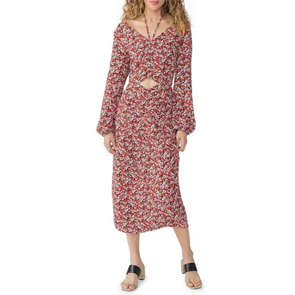 Sanctuary Dress 20W Floral Chiffon‎ Halter Neck Long Sleeve Cutout Midi Red NWT